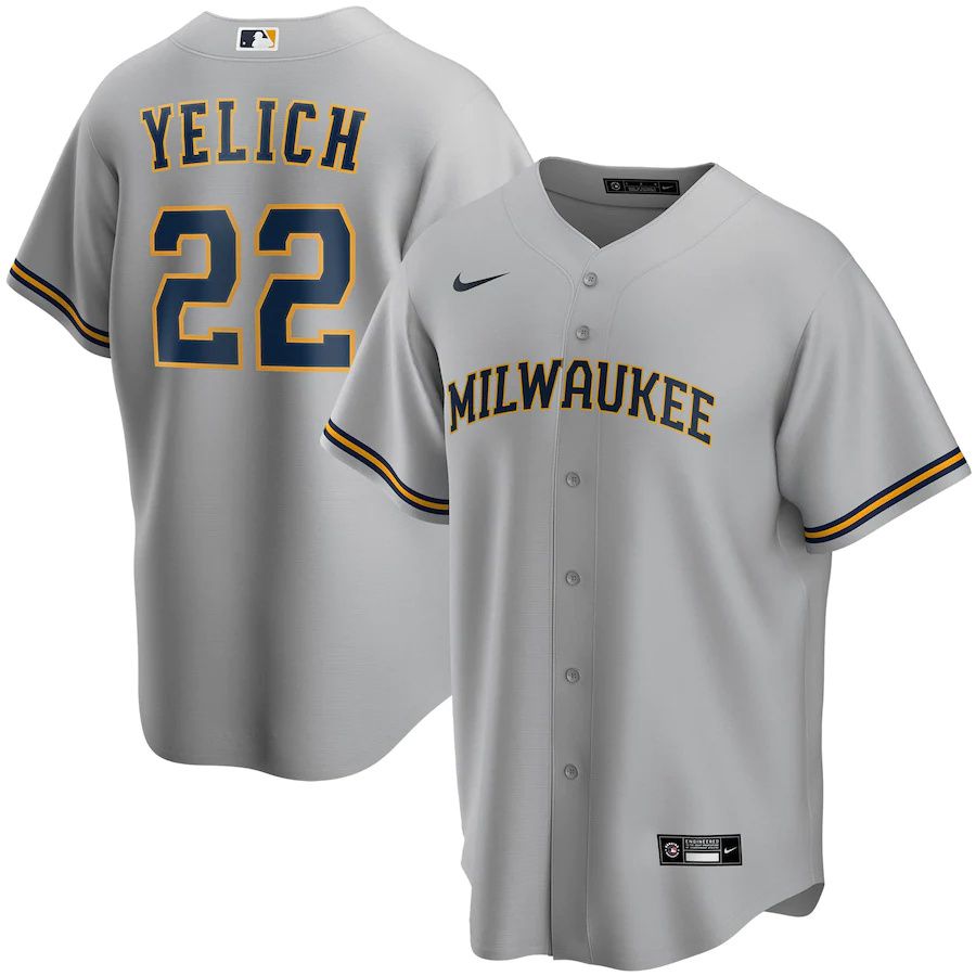 Mens Milwaukee Brewers #22 Christian Yelich Nike Gray Alternate Replica Player MLB Jerseys